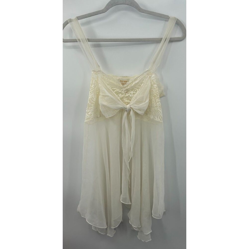 Vintage Victoria’s Secret Gold Label S Slip Dress Cream Lace Sheer Fairy Bow